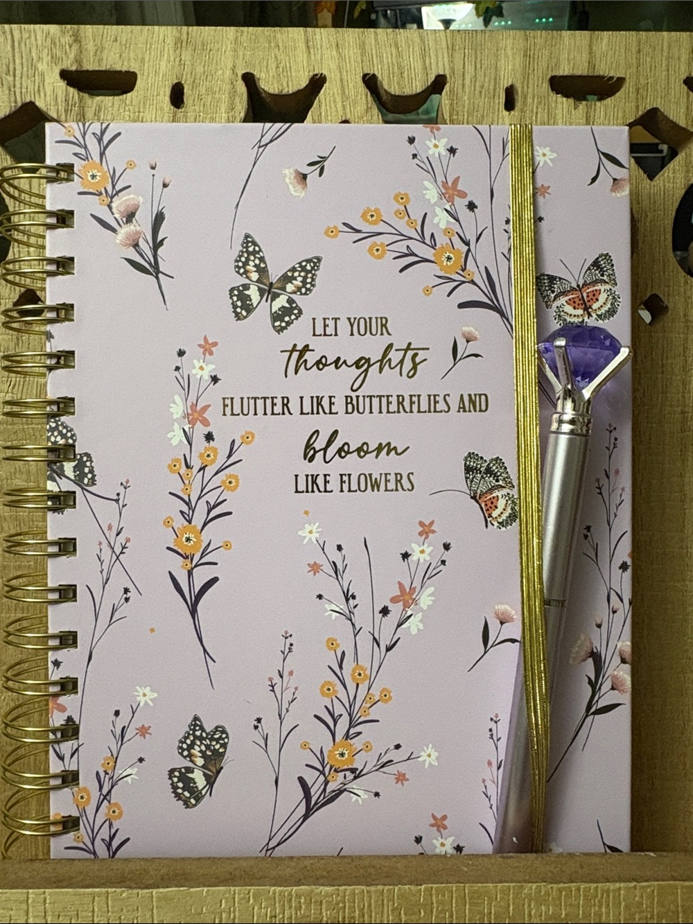 Floral Butterfly Lavender Spiral Journal with Gem Pen - Home Office